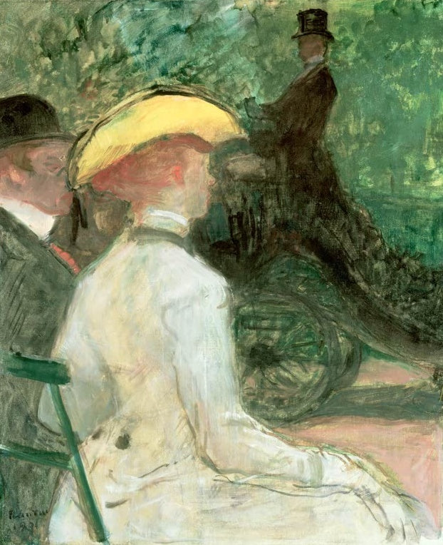 Henri de Toulouse-Lautrec Im Bois de Boulogne Kunstkopie, Dame mit gelbem Hut in der Kutsche vor grünem Laub