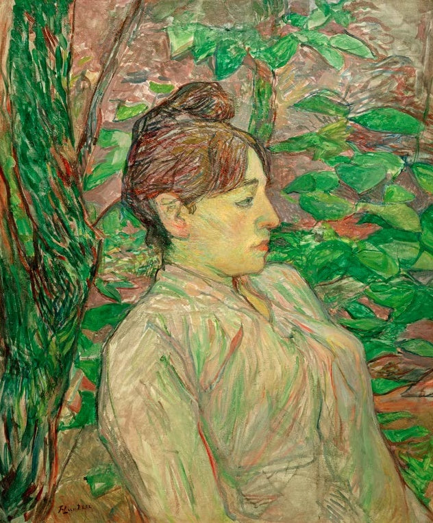 Henri de Toulouse-Lautrec Im Grünen Kunstkopie, Frau im Profil mit hochgestecktem Haar vor dichtem grünem Blattwerk