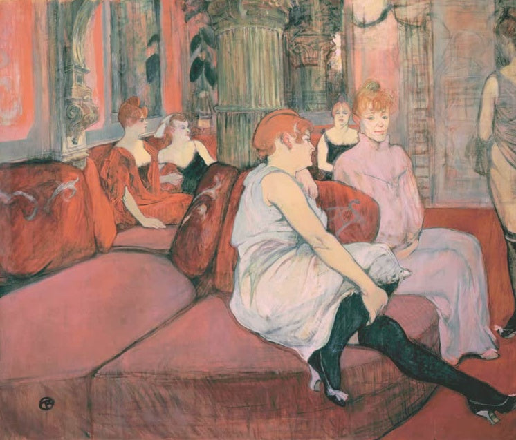 Henri de Toulouse-Lautrec Im Salon der Rue des Moulins Kunstkopie, Frauen auf roten Sofas in einem Salon mit Säule
