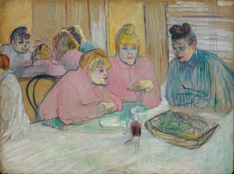 Henri de Toulouse-Lautrec Im Speisesaal des Bordells Kunstkopie, Frauen in rosa Blusen sitzen gemeinsam an einem Tisch