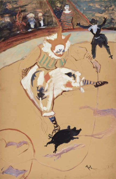 Henri de Toulouse-Lautrec Im Zirkus Fernando Medrano Kunstkopie, weiß gekleideter Clown mit Ferkel an der Leine in der Manege