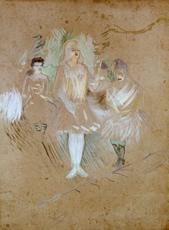 Henri de Toulouse-Lautrec In den Folies-Bergère: Komparsinnen Kunstkopie, drei Tänzerinnen in hellen Röcken auf Karton