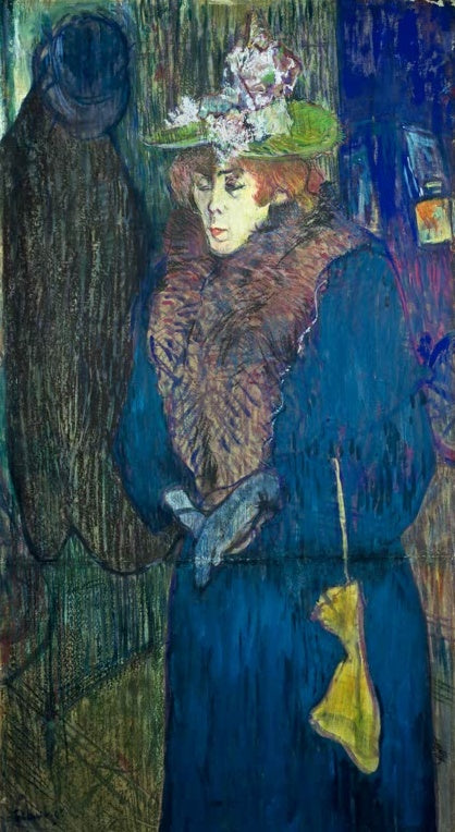 Henri de Toulouse-Lautrec Jane Avril am Eingang des Moulin Rouge Kunstkopie, Tänzerin in blauem Mantel mit grünem Hut