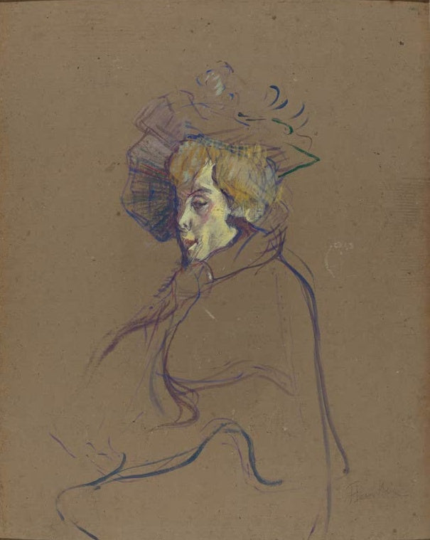 Henri de Toulouse-Lautrec Jane Avril Kunstkopie, Profil einer Frau mit großem Federhut auf braunem Karton