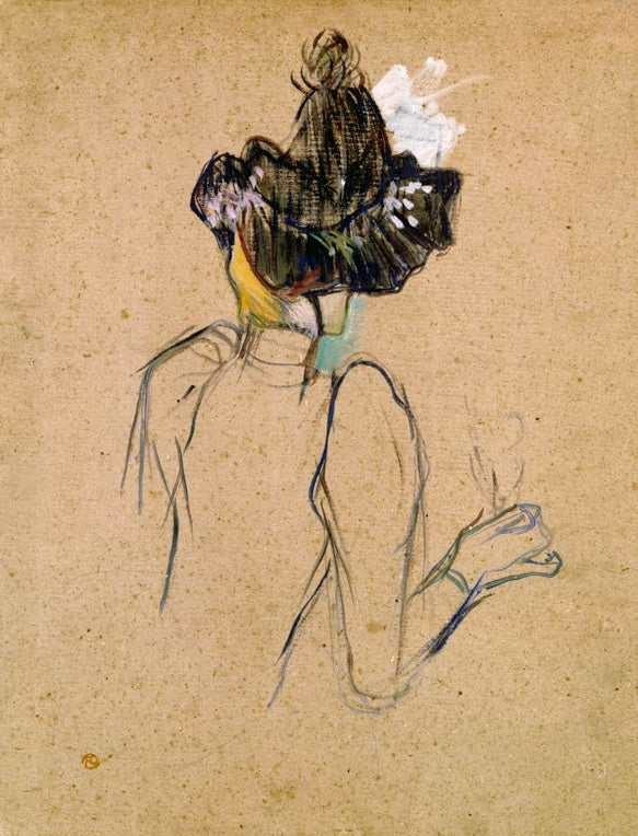 Henri de Toulouse-Lautrec Jane Avril in Rückenansicht Kunstkopie, Tänzerin von hinten mit dunklem Hut, Körper skizziert