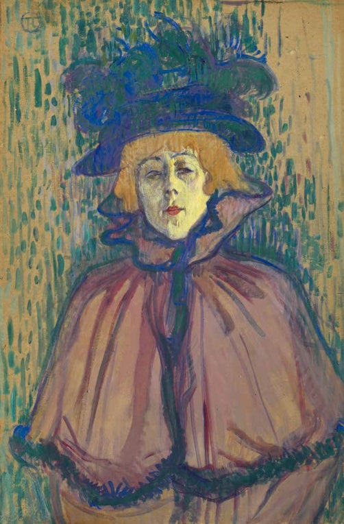 Henri de Toulouse-Lautrec Jane Avril Kunstkopie, Tänzerin mit blauem Federhut und rosafarbenem Cape vor grün getupftem Grund