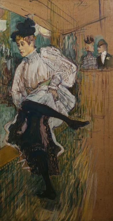 Henri de Toulouse-Lautrec Jane Avril tanzend Kunstkopie, Tänzerin mit hochgeschwungenem Bein in weißer Bluse