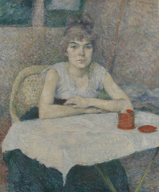 Henri de Toulouse-Lautrec Poudre de riz Kunstkopie, junge Frau mit Dutt sitzt mit verschränkten Armen an einem Tisch