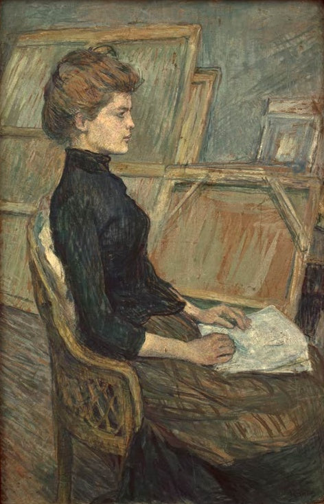 Henri de Toulouse-Lautrec Junges Mädchen im Atelier Kunstkopie, junge Frau im Profil auf Korbstuhl vor Leinwänden