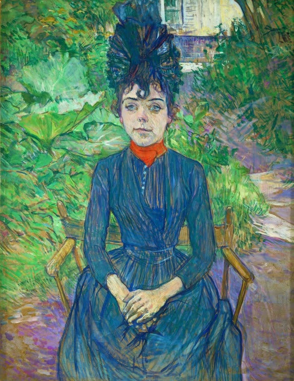 Henri de Toulouse-Lautrec Justine Dieuhl Kunstkopie, junge Frau in blauem Kleid und Federhut auf einem Klappstuhl im Garten