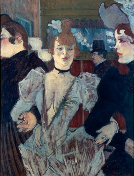 Henri de Toulouse-Lautrec La Goulue im Moulin Rouge mit zwei Frauen Kunstkopie, Tänzerin in hellem Kleid zwischen zwei Frauen
