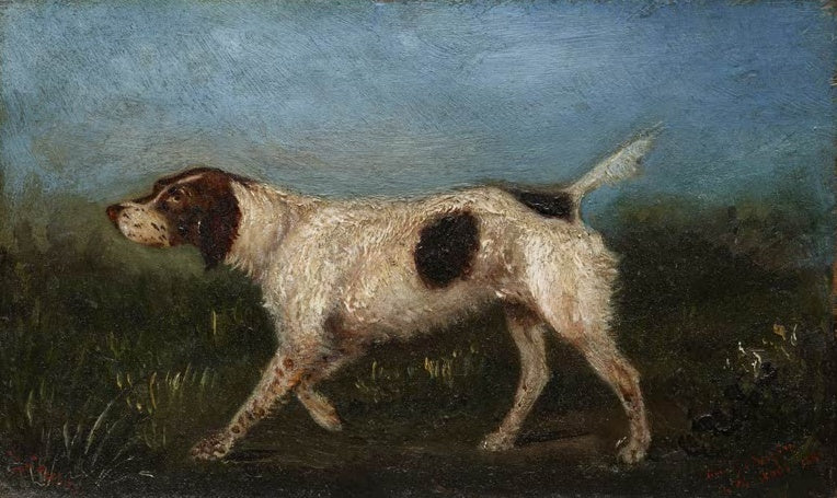 Henri de Toulouse-Lautrec La Gousse Kunstkopie, weißbrauner Vorstehhund schreitet über eine Wiese unter blauem Himmel