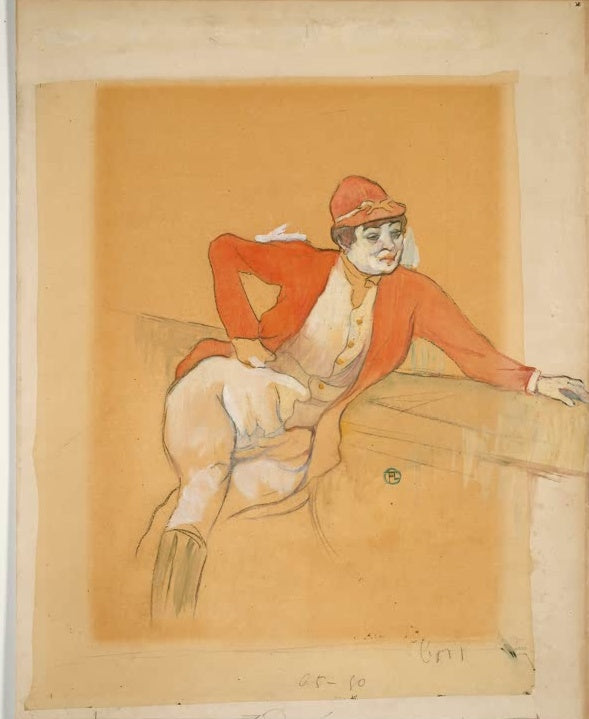 Henri de Toulouse-Lautrec La Macarona im Jockeykostüm Kunstkopie, Tänzerin in rotem Rock und Kappe lehnt an einer Schranke