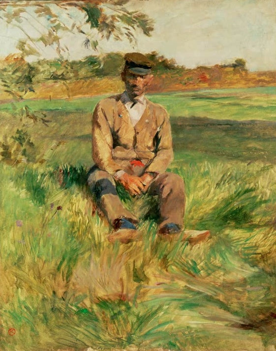 Henri de Toulouse-Lautrec Landarbeiter Céleyran Kunstkopie, Mann mit Mütze sitzt im sonnigen Gras vor weiter Landschaft
