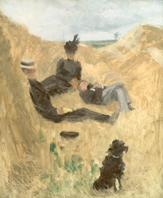 Henri de Toulouse-Lautrec Landpartie Kunstkopie, ruhende Gesellschaft mit schwarzem Pudel im goldgelben Feld