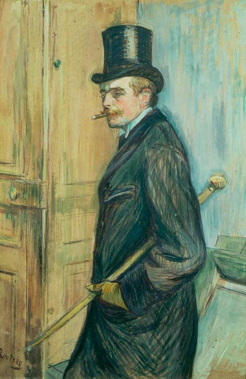 Henri de Toulouse-Lautrec Louis Pascal Kunstkopie, Herr mit Zylinder, Zigarre und Spazierstock im Profil vor einer Holztür