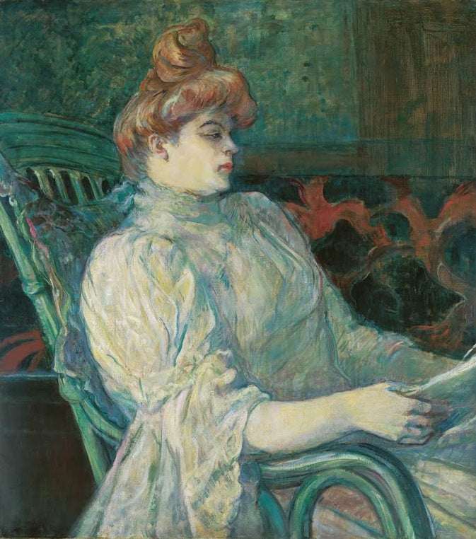 Henri de Toulouse-Lautrec Madame Marthe X Bordeaux Kunstkopie, rothaarige Frau liest im grünen Korbstuhl in hellem Kleid