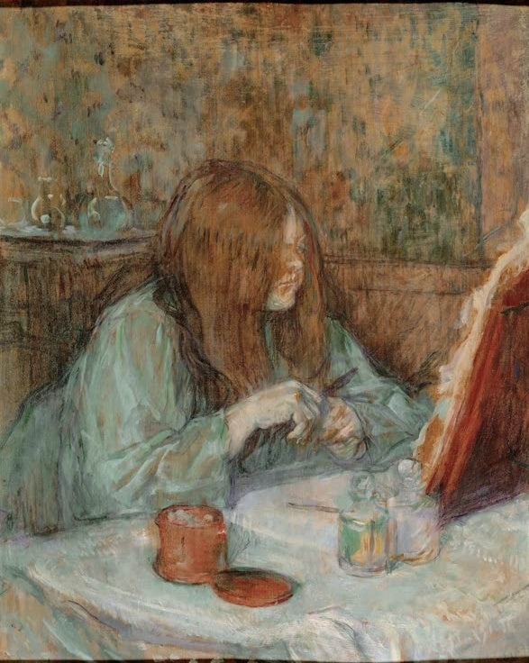 Henri de Toulouse-Lautrec Madame Poupoule bei der Toilette Kunstkopie, rothaarige Frau sitzt am Tisch mit Spiegel und Flakons