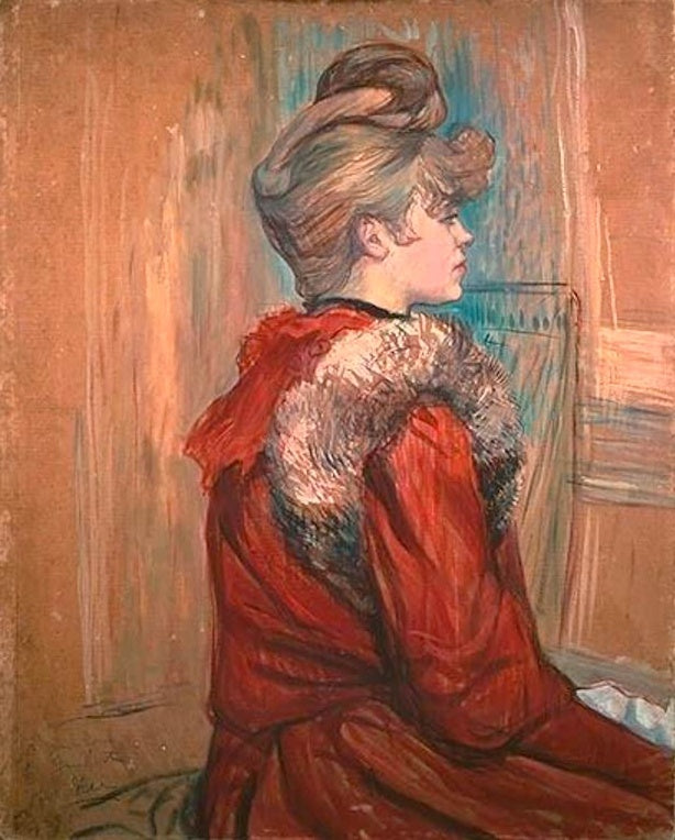 Henri de Toulouse-Lautrec Mademoiselle Jeanne Lafontaine Kunstkopie, Frau im Profil mit rotem Mantel und Pelzkragen