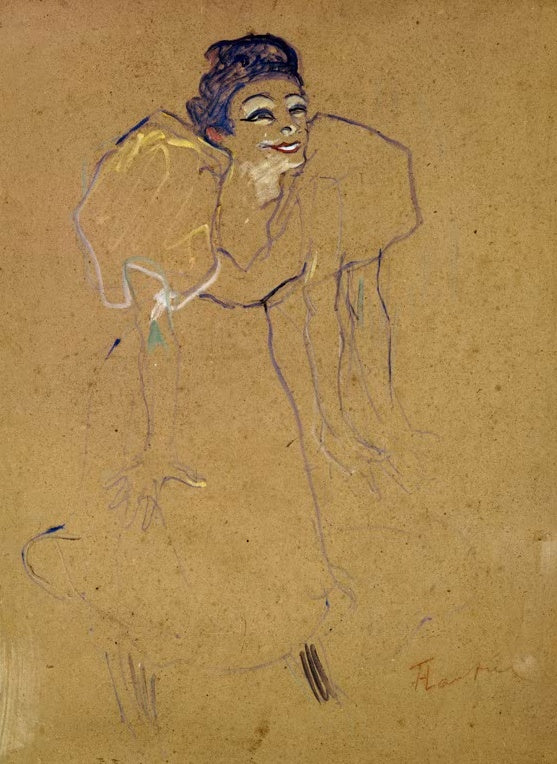Henri de Toulouse-Lautrec Mademoiselle Polaire Kunstkopie, lächelnde Sängerin mit Puffärmeln in skizzenhaften Linien