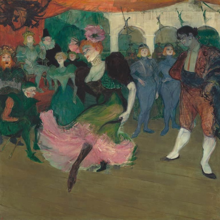 Henri de Toulouse-Lautrec Marcelle Lender Bolero Kunstkopie, Tänzerin in grünem Kleid mit rosa Rock auf der Bühne