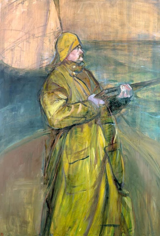 Henri de Toulouse-Lautrec Maurice Joyant Kunstkopie, Mann in gelbem Regenmantel mit Gewehr vor blaugrünem Wasser