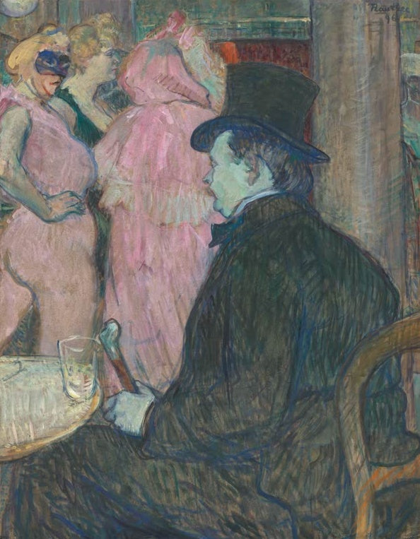 Henri de Toulouse-Lautrec Maxime Dethomas Kunstkopie, Mann im Zylinder im Profil, dahinter Frauen in rosa Kleidern
