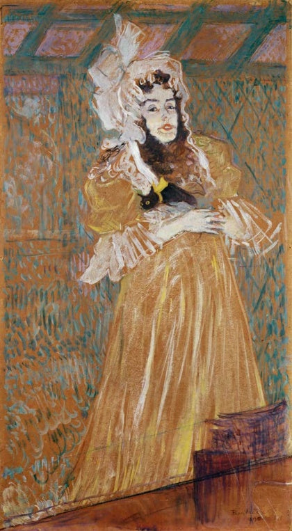 Henri de Toulouse-Lautrec May Belfort Kunstkopie, Sängerin in gelbem Kleid mit weißer Haube und schwarzer Katze im Arm