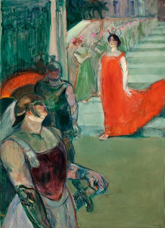 Henri de Toulouse-Lautrec Messalina steigt die Treppe hinab Kunstkopie, Frau in rotem Gewand auf einer Treppe
