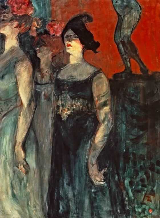Henri de Toulouse-Lautrec Messalina zwischen zwei Komparsen Kunstkopie, Sängerin in schwarzem Kleid vor rotem Grund