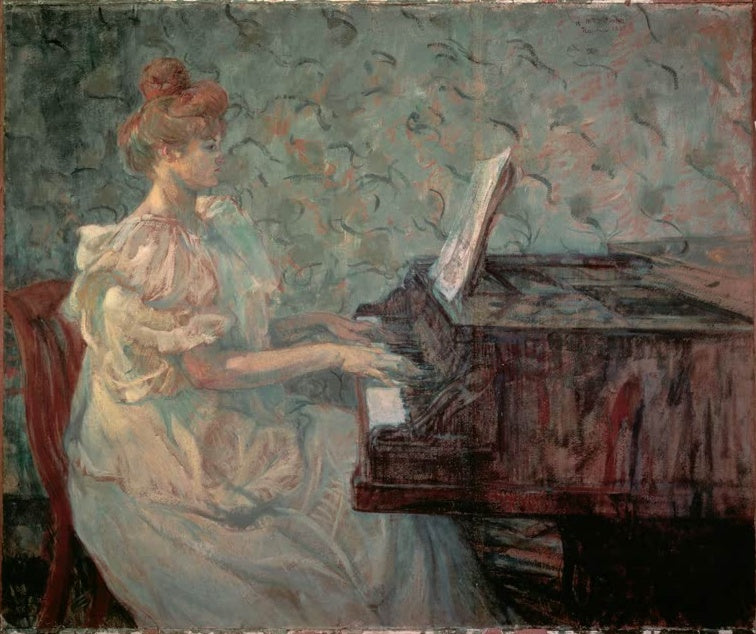 Henri de Toulouse-Lautrec Misia Natanson am Flügel Kunstkopie, Pianistin im hellen Kleid vor grünlich gemusterter Tapete