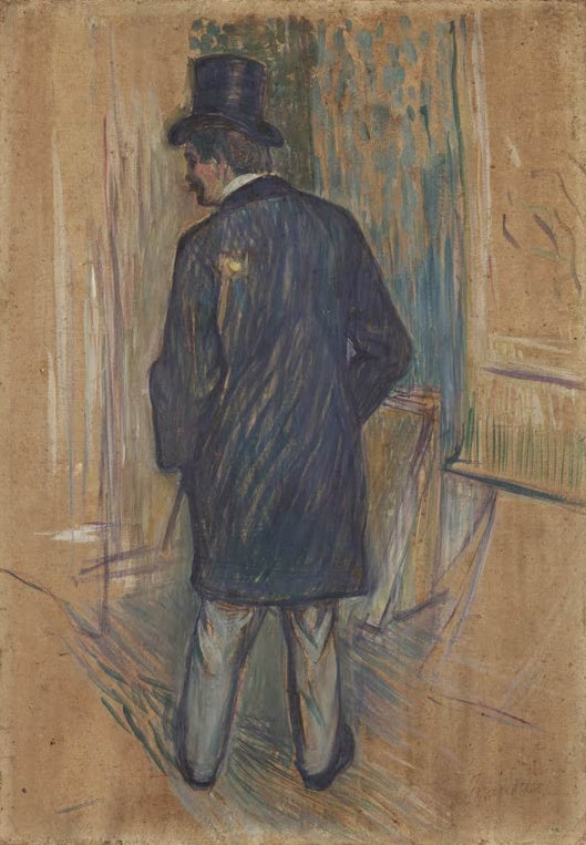 Henri de Toulouse-Lautrec Monsieur Louis Pascal von hinten gesehen Kunstkopie, Herr mit Zylinder und Stock im dunklen Mantel