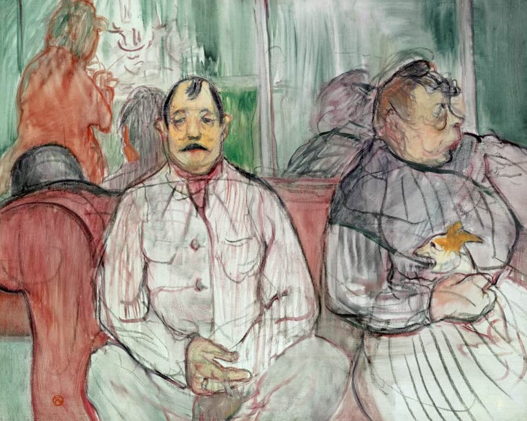 Henri de Toulouse-Lautrec Monsieur, Madame und der Hund Kunstkopie, Paar auf rotem Sofa mit kleinem Hund im Arm