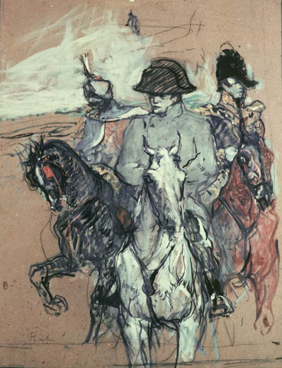 Henri de Toulouse-Lautrec Napoleon Bonaparte Kunstkopie, Reiterszene mit Zweispitz auf hellem Schimmel, skizzenhaft gemalt