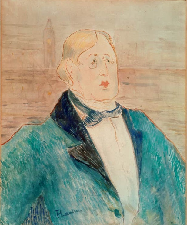 Henri de Toulouse-Lautrec Oscar Wilde Kunstkopie, Schriftsteller im türkisfarbenen Rock vor Uferlandschaft mit Turm