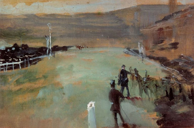 Henri de Toulouse-Lautrec Pferderennbahn Kunstkopie, weite grüne Rennbahn mit kleinen Figuren unter warmem Abendhimmel