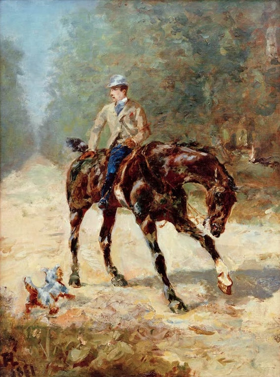 Henri de Toulouse-Lautrec Reiter M. du Passage Kunstkopie, Reiter in heller Jacke auf braunem Pferd, davor ein kleiner Hund