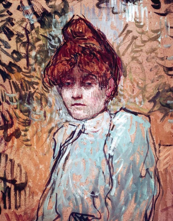 Henri de Toulouse-Lautrec Rosa la Rouge Kunstkopie, rothaarige Frau mit Dutt in hellblauer Bluse vor ockerfarbenem Grund