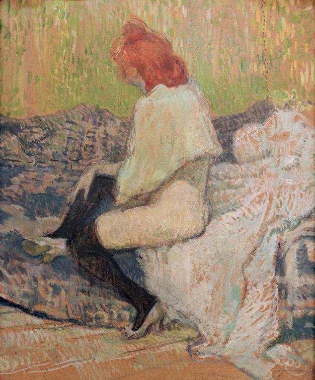 Henri de Toulouse-Lautrec Rothaarige Frau Justine Dieuhl Kunstkopie, Frau mit rotem Haar auf einem Bett in hellen Tönen