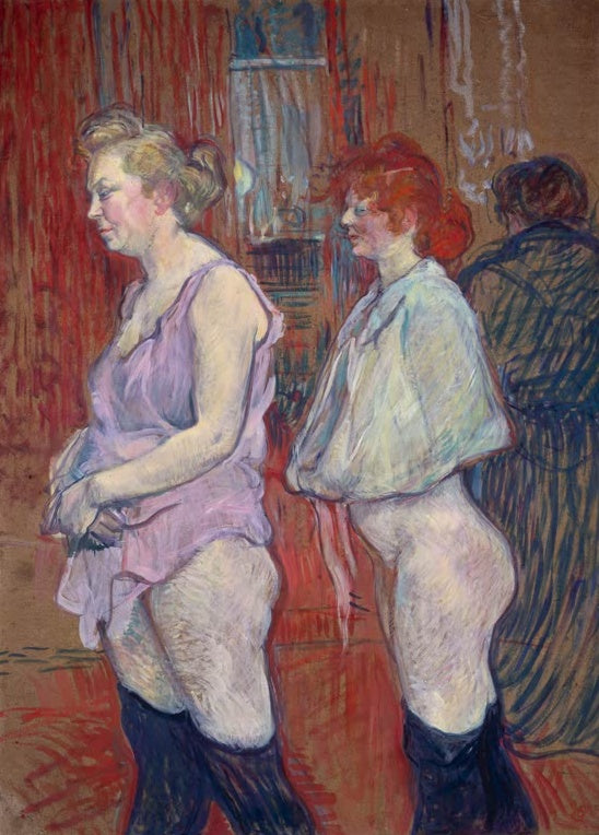 Henri de Toulouse-Lautrec Rue des Moulins Kunstkopie, zwei Frauen leicht bekleidet in schwarzen Strümpfen vor rotem Grund