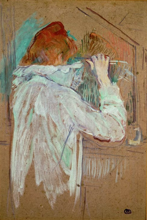Henri de Toulouse-Lautrec Sich frisierende Frau Kunstkopie, rothaarige Frau in hellem Hemd von hinten vor dem Spiegel