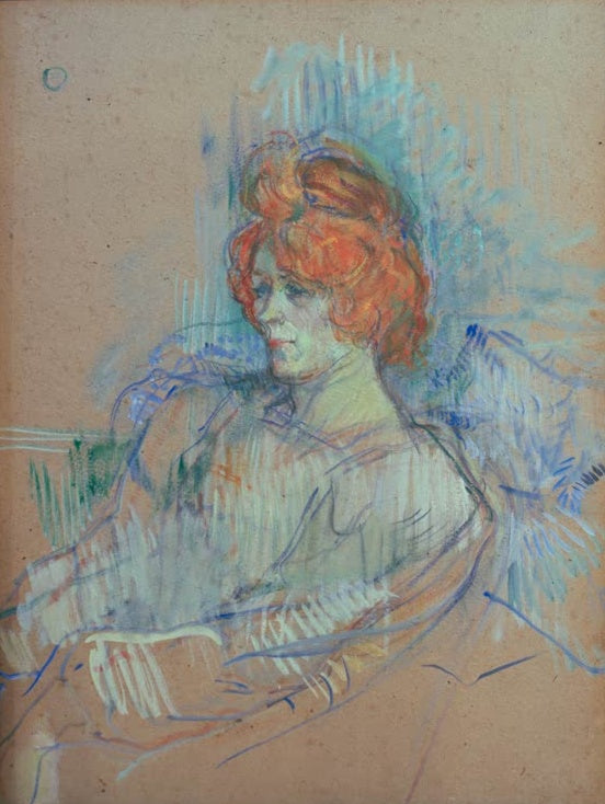 Henri de Toulouse-Lautrec Sitzende Frau im Sessel, um 1897 Kunstkopie, Frau mit leuchtend rotem Haar vor blauem Schleier