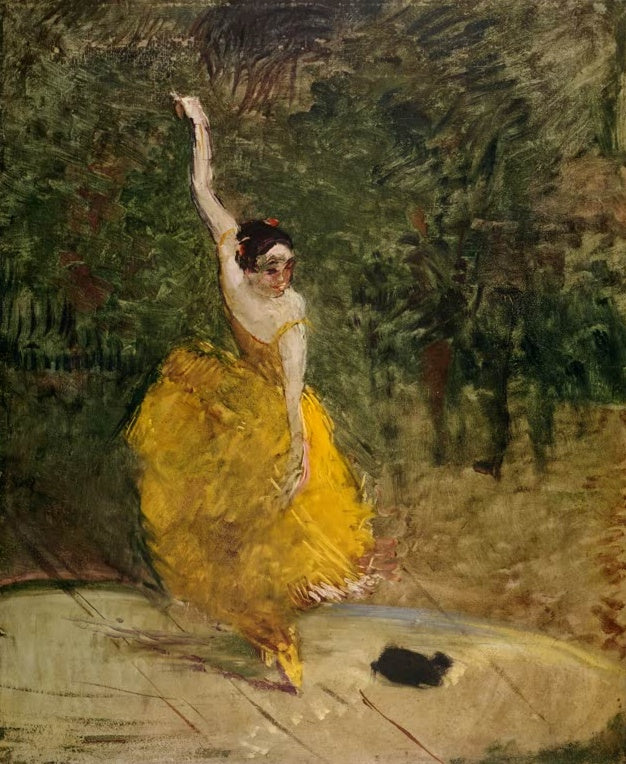 Henri de Toulouse-Lautrec Spanische Tänzerin Kunstkopie, Tänzerin in leuchtend gelbem Rock mit erhobenem Arm vor grünem Grund