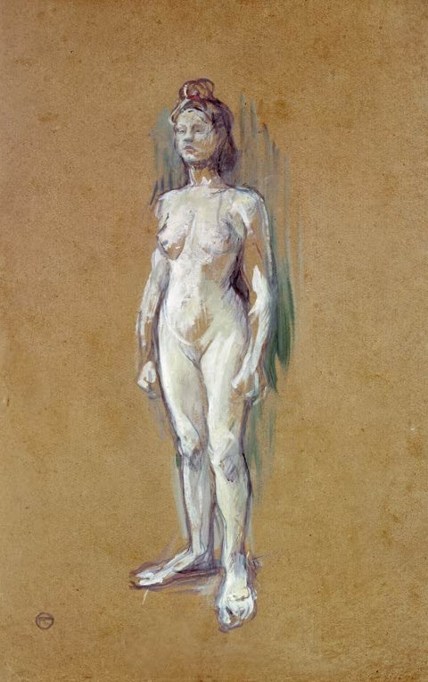 Henri de Toulouse-Lautrec Stehender Frauenakt von vorn Kunstkopie, ganzfigurige Aktstudie auf warm braunem Kartongrund