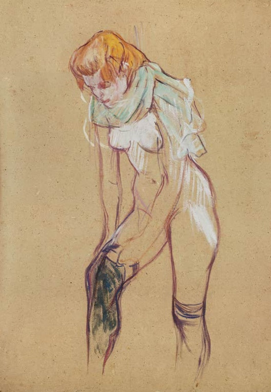 Henri de Toulouse-Lautrec Strumpf anziehende Frau Kunstkopie, rothaarige Frau mit hellem Schal beugt sich zum Strumpf