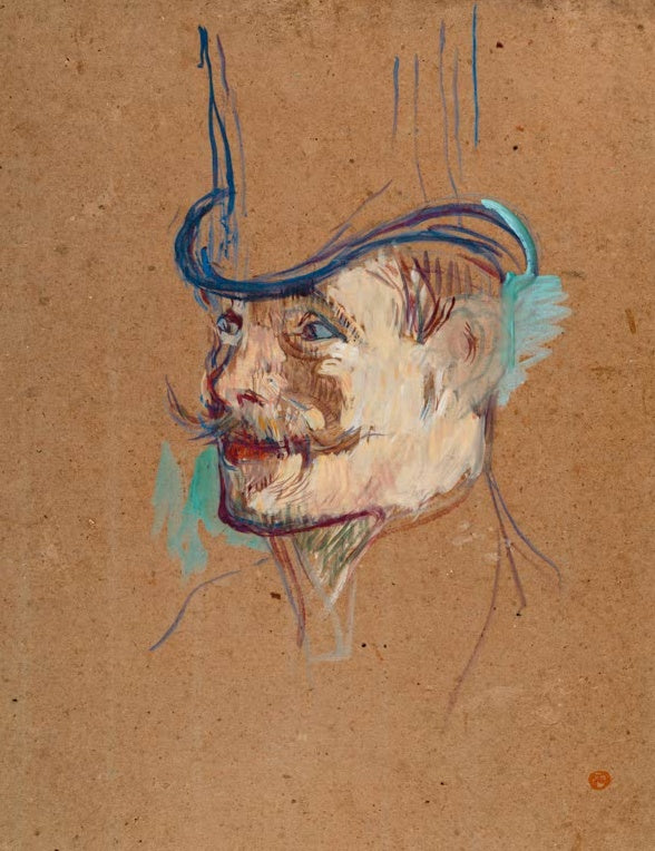 Henri de Toulouse-Lautrec William Warrener Kunstkopie, Kopf eines Mannes mit Schnurrbart und blauem Hut auf braunem Karton