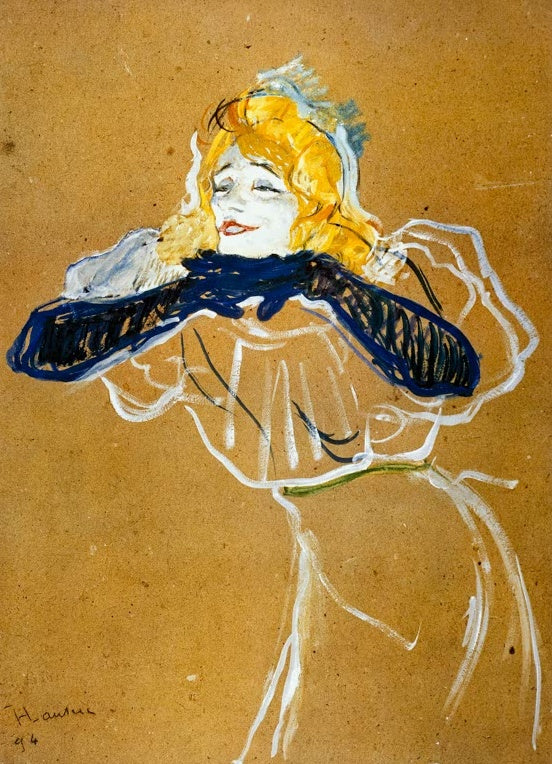 Henri de Toulouse-Lautrec Yvette Guilbert singt Linger Longer Loo Kunstkopie, blonde Sängerin mit dunkelblauem Kragen
