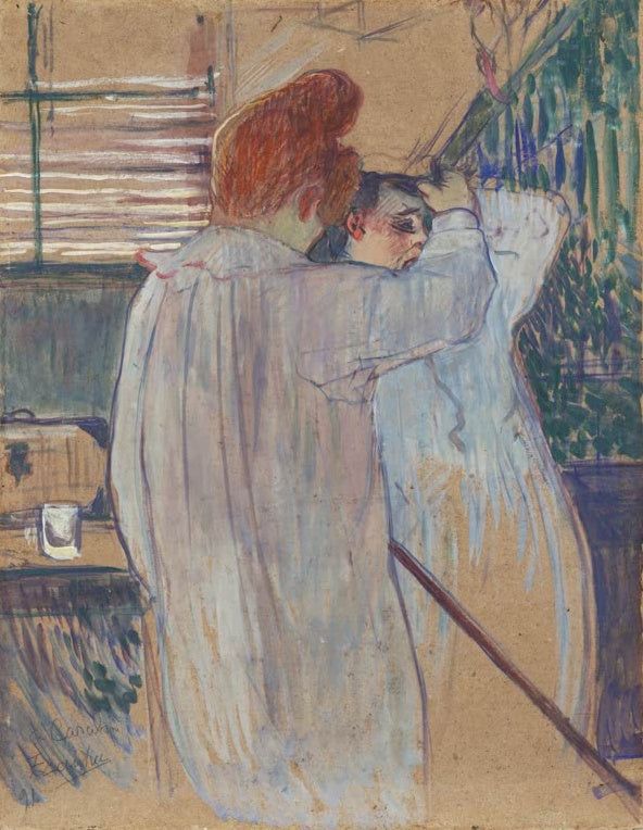Henri de Toulouse-Lautrec Zwei Frauen im Nachthemd Kunstkopie, zwei Frauen in hellen Nachthemden kämmen sich am Fenster