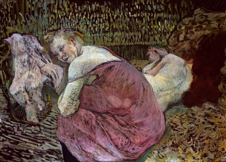 Henri de Toulouse-Lautrec Zwei Freundinnen Kunstkopie, zwei Frauen ruhen eng beieinander auf einem Lager in Rosa und Ocker