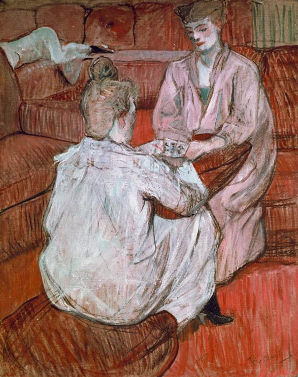 Henri de Toulouse-Lautrec Zwei Mädchen beim Kartenspiel Kunstkopie, zwei Frauen mit Karten auf einem roten Sofa